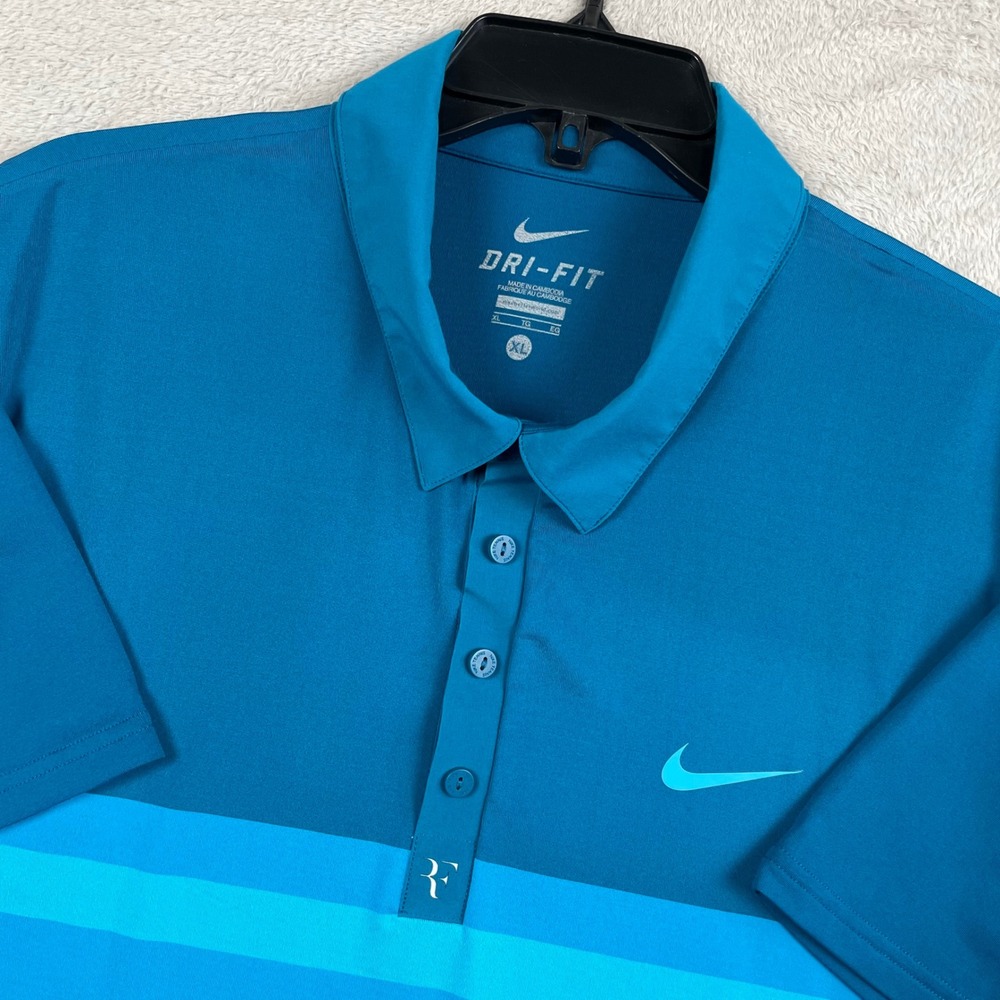 Nike Polo Shirt Mens XL Blue Colorblock Roger Federer 2012 Indian Wells Dri Fit